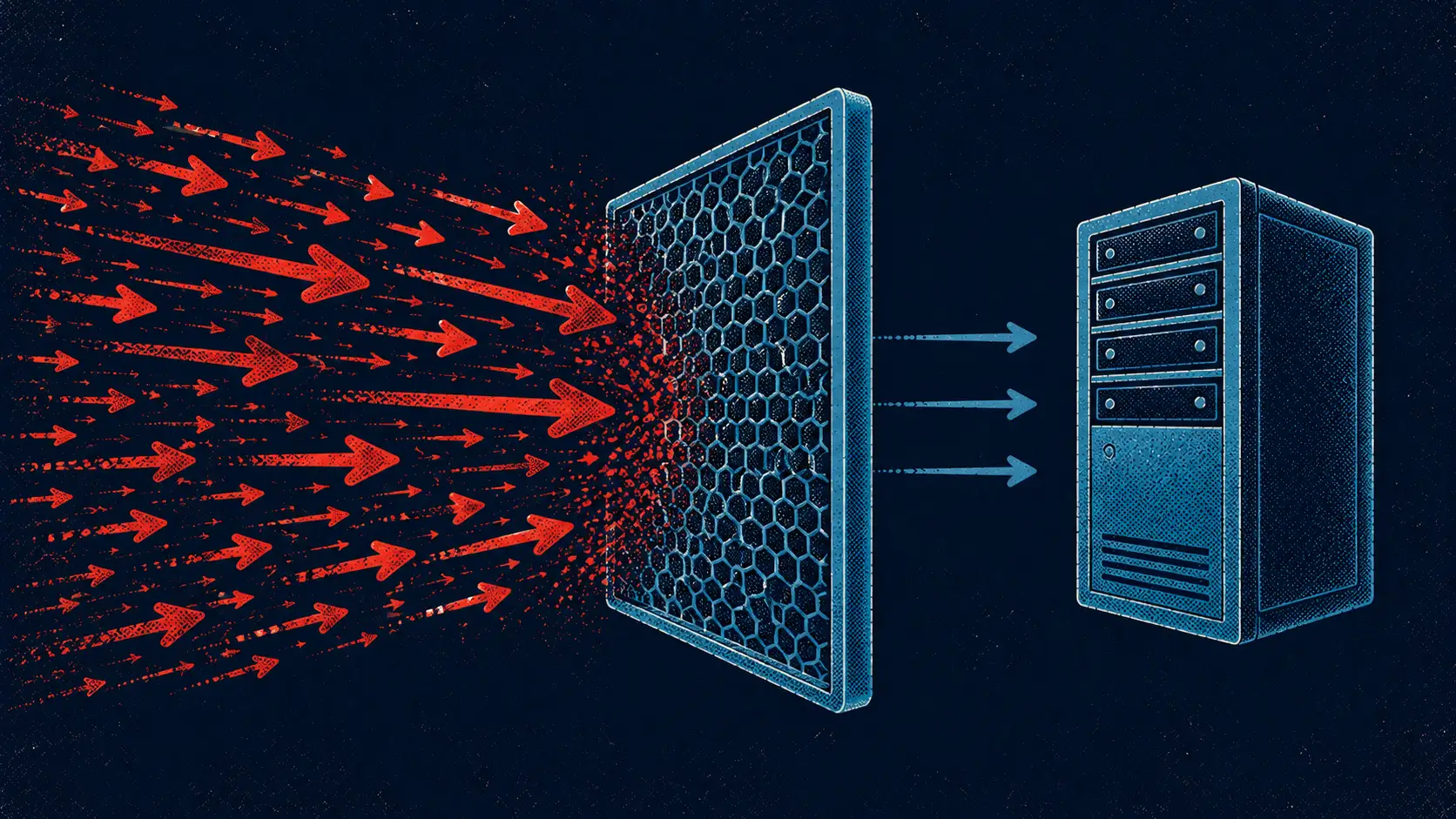 Illustration of DDoS mitigation, where a protective filter absorbs malicious traffic while allowing legitimate traffic through.