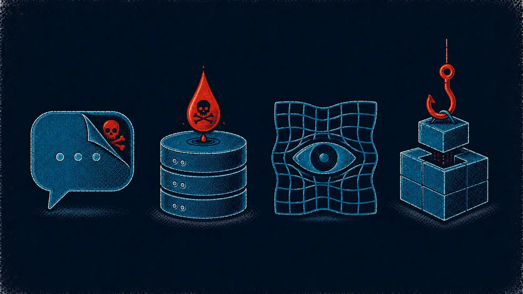 Editorial illustration of four attacks on AI systems — prompt injection, data poisoning, adversarial input, and model theft.