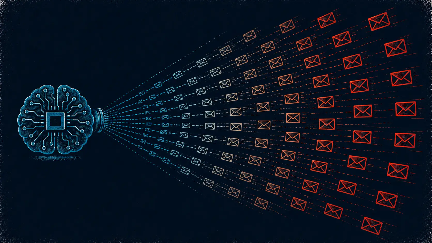 Editorial illustration of an AI engine mass-producing a fan of identical phishing emails.