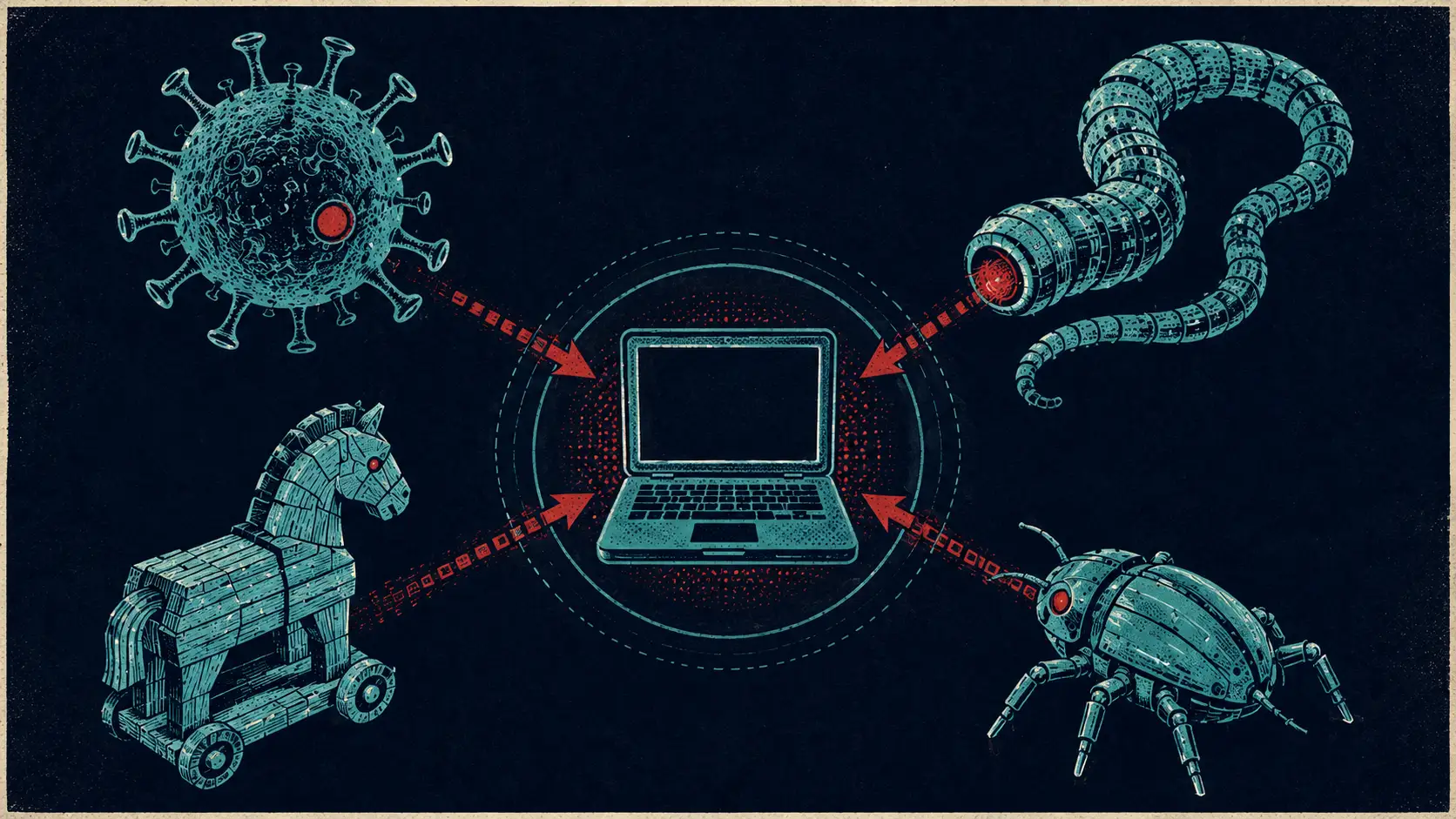 Diagram of the main malware families: viruses, worms, trojans, spyware, and ransomware