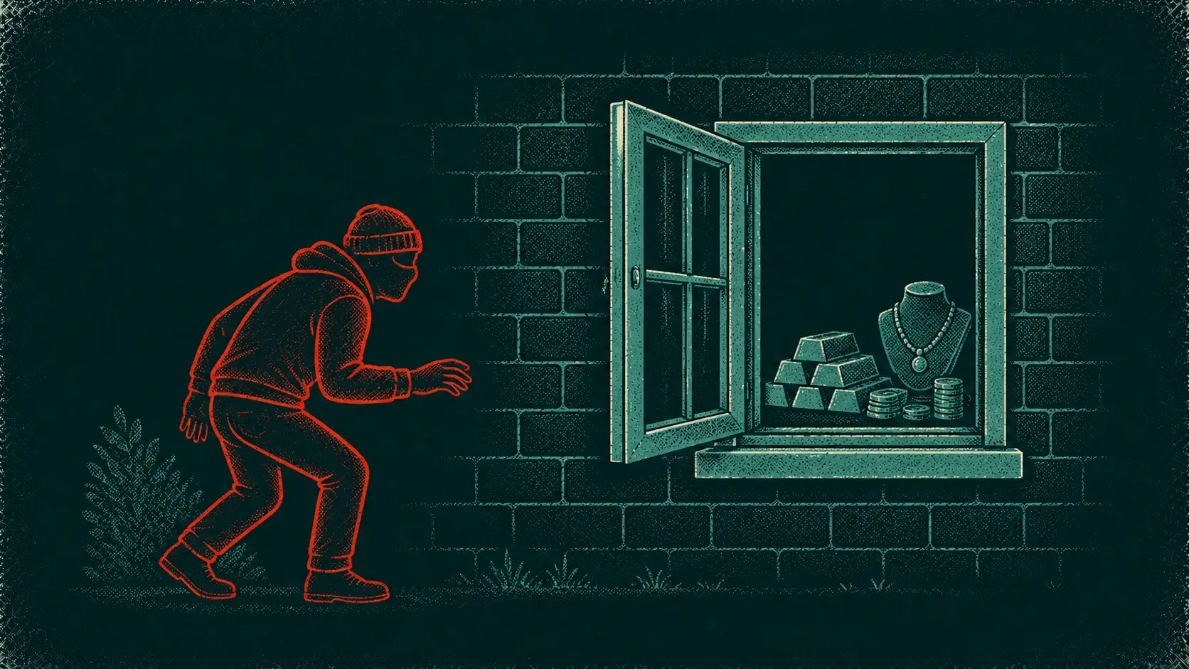 Editorial illustration of the relationship between a vulnerability, a threat, and risk — an open window, an approaching threat, and valuables inside.