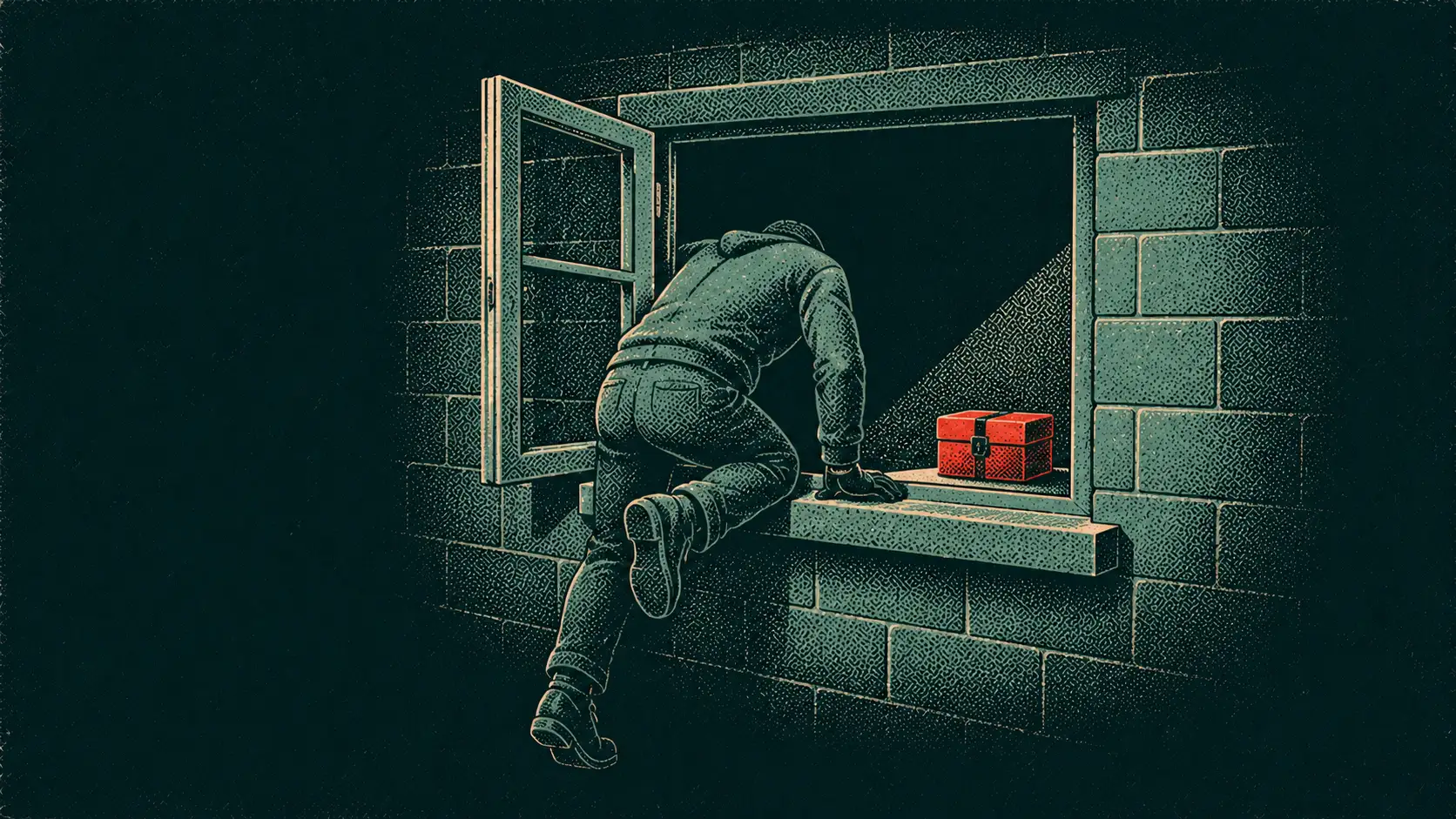 Editorial illustration showing a vulnerability, an exploit, and a payload — an open window, a figure climbing through, and a package left inside.