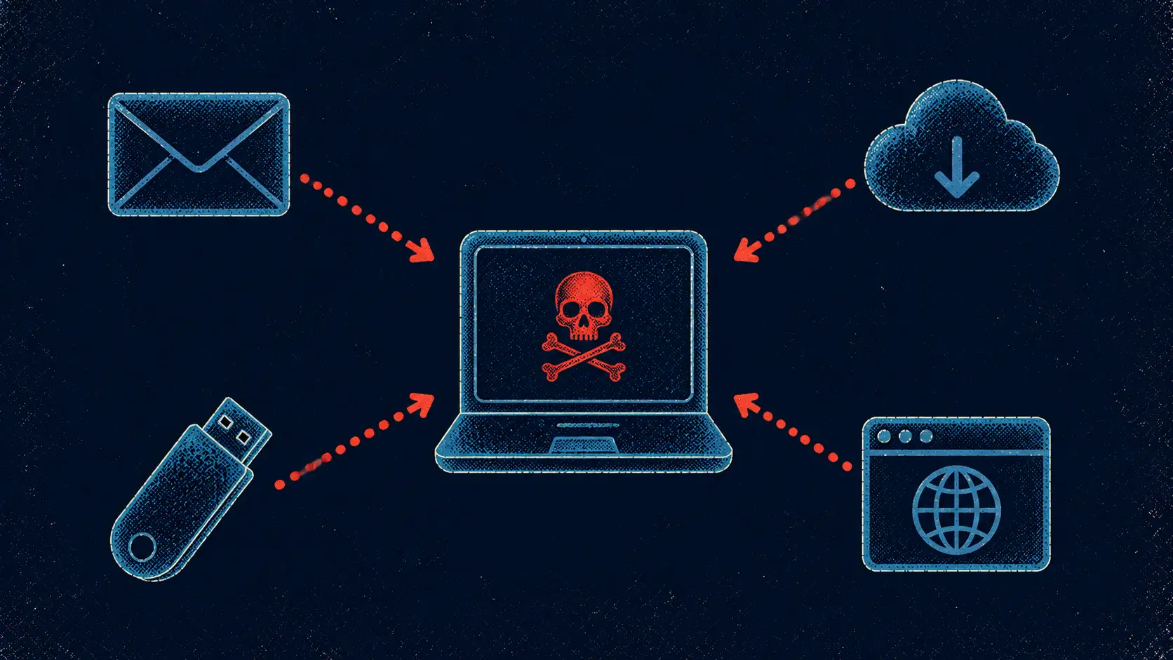 Illustration of common malware infection routes — email, downloads, USB drives, and websites — converging on a device.