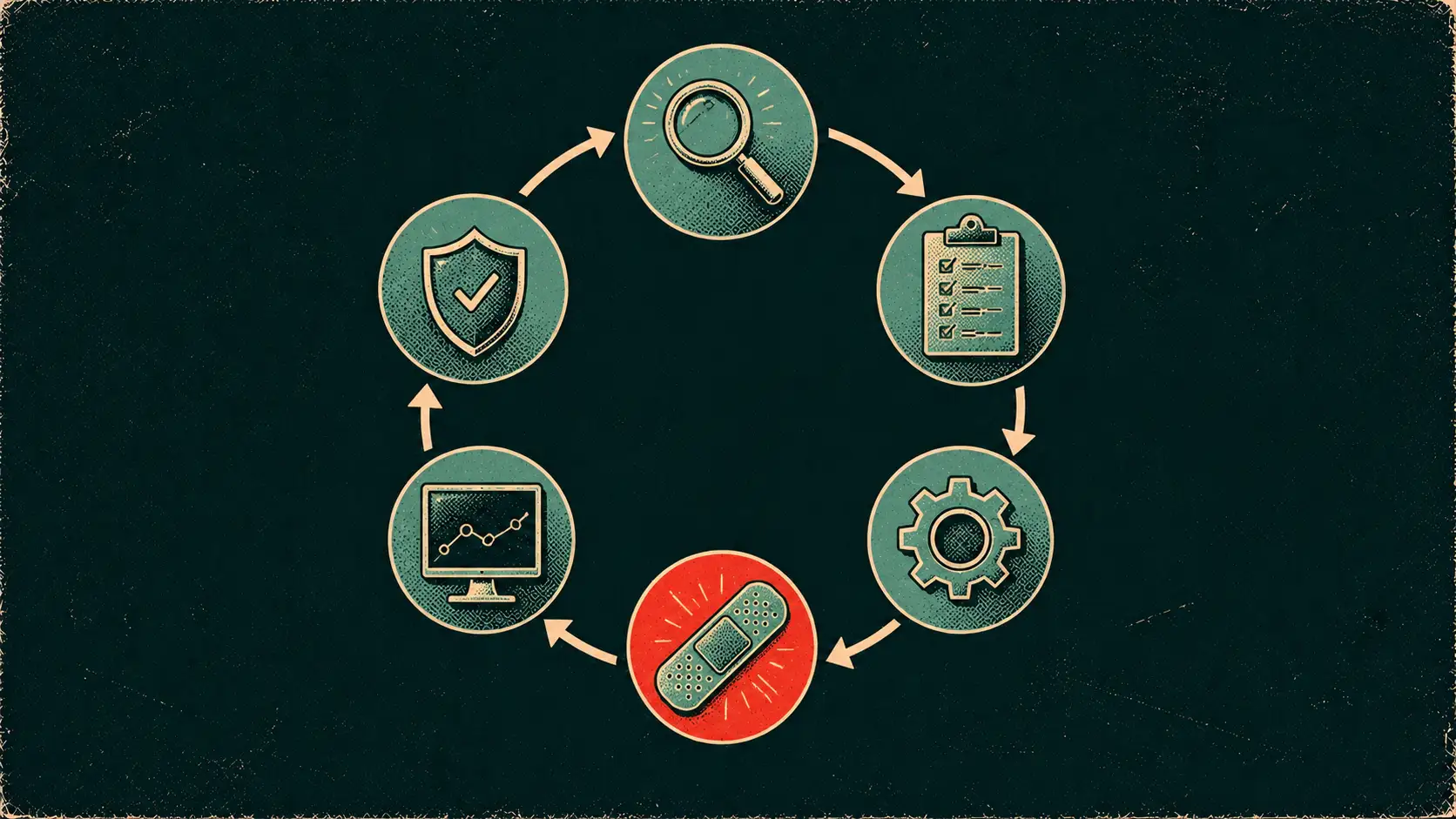 Editorial circular diagram of the six-step patch management process.