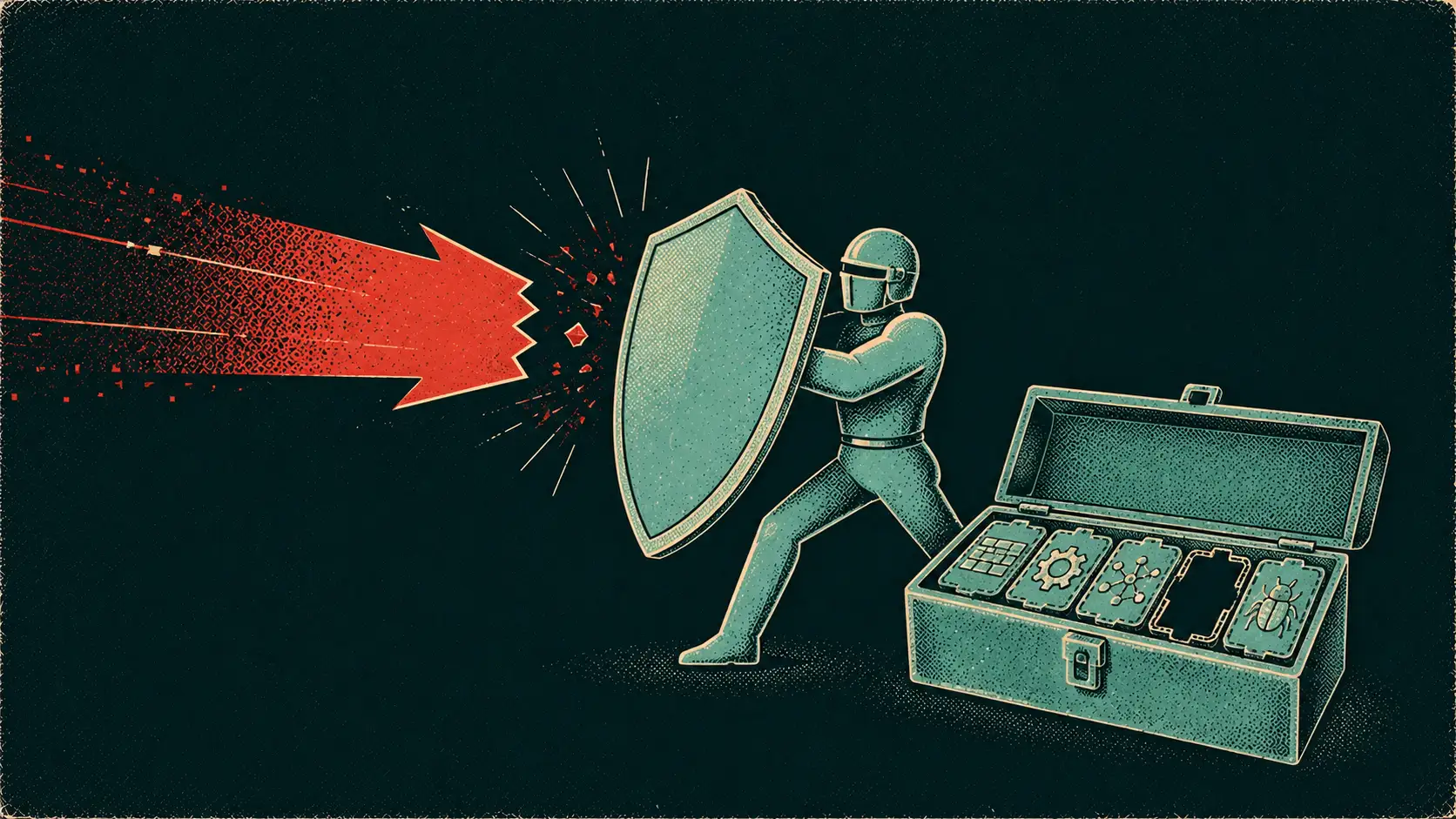 Editorial illustration of the race between deploying a patch and an attacker exploiting the vulnerability.