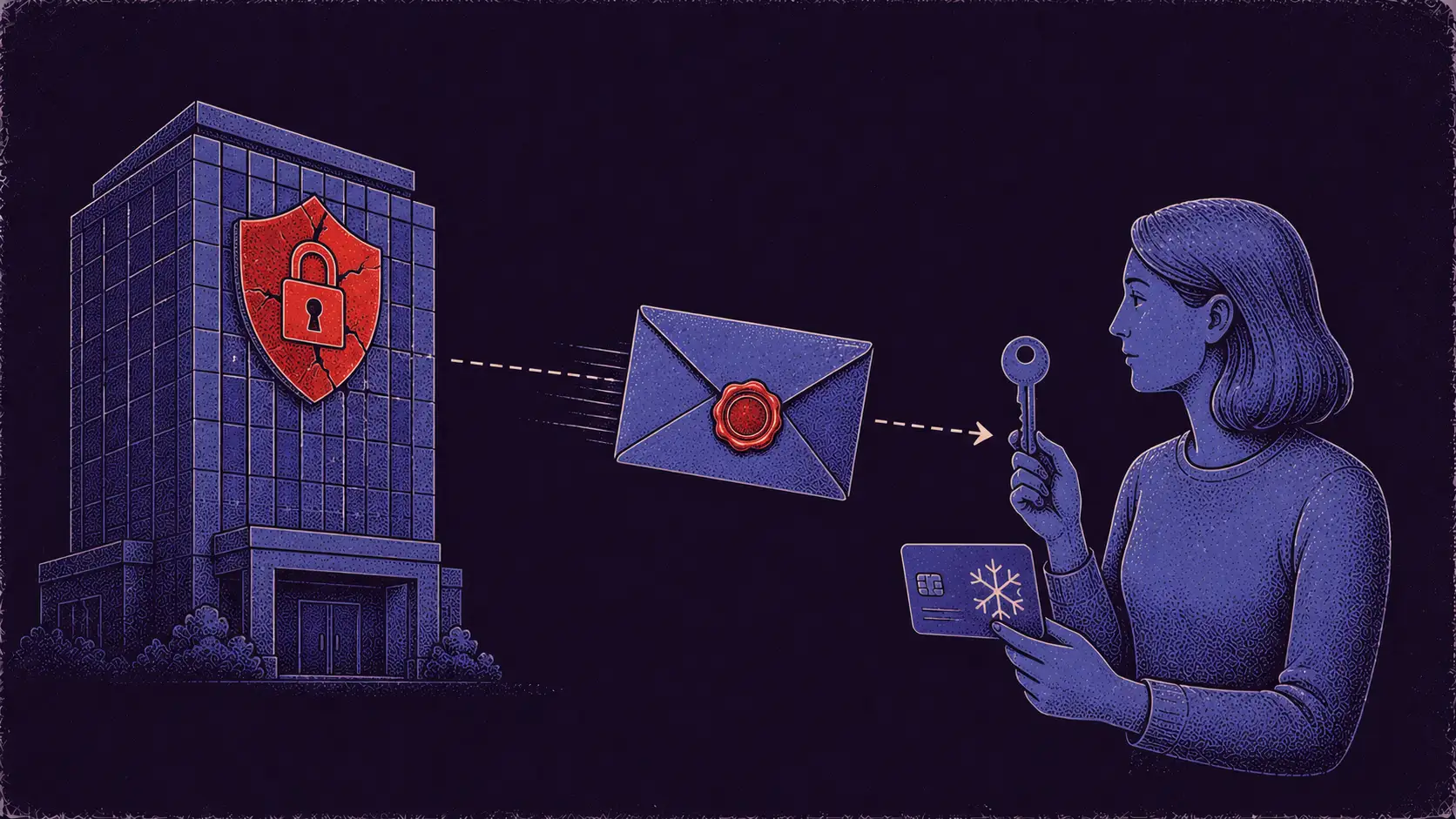 Editorial illustration of a breach notification letter traveling from a breached organization to an affected person ready to take protective action.
