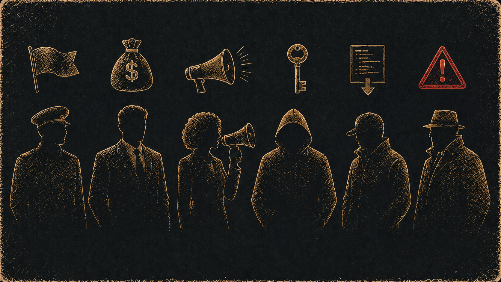 Editorial lineup of the six major threat actor categories, each shown as a silhouette with a small identifying icon.