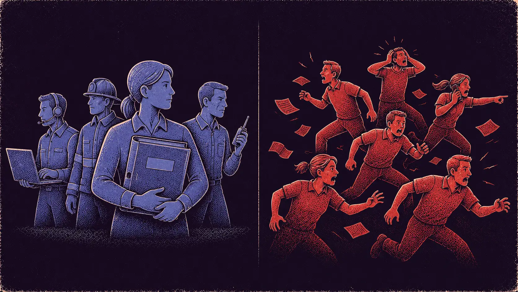 Editorial two-panel comparison of a calm, prepared incident response team and a chaotic improvised one.