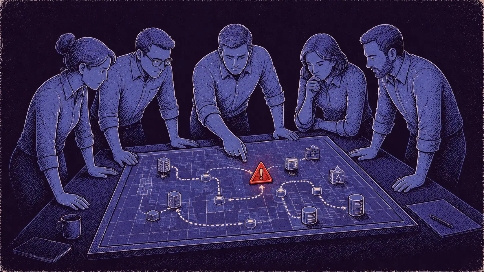 Editorial illustration of an incident response tabletop exercise — a team walking through a simulated incident.