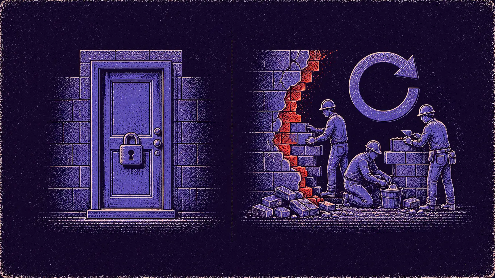 Editorial two-panel comparison contrasting cybersecurity, which keeps attackers out, with cyber resilience, which keeps the business running through a breach.
