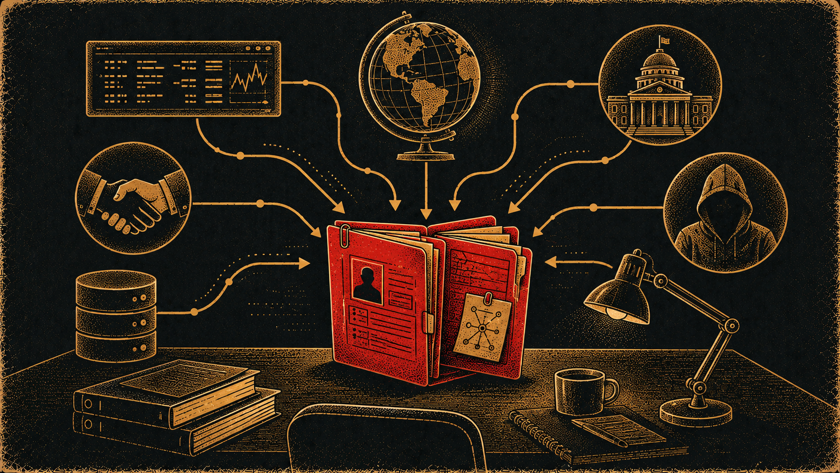 Editorial illustration of six threat intelligence sources flowing into a central analyst's desk and dossier.