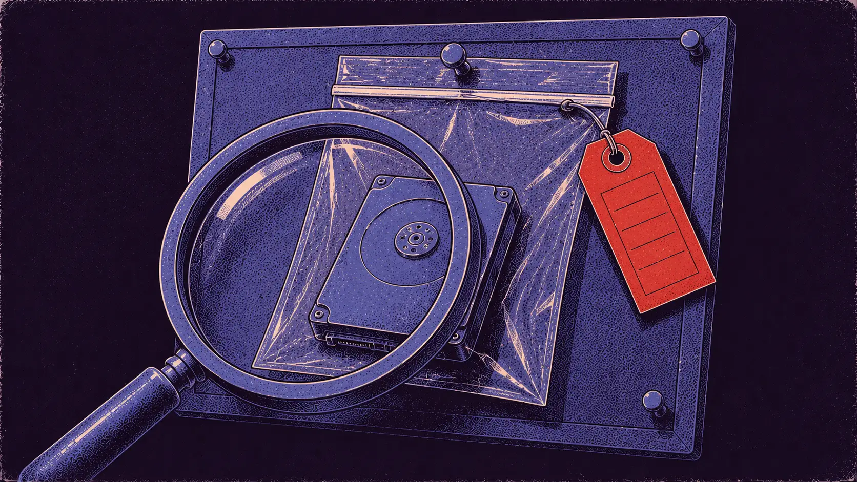 Editorial illustration of a magnifying glass examining a sealed digital evidence specimen pinned to a forensic board.