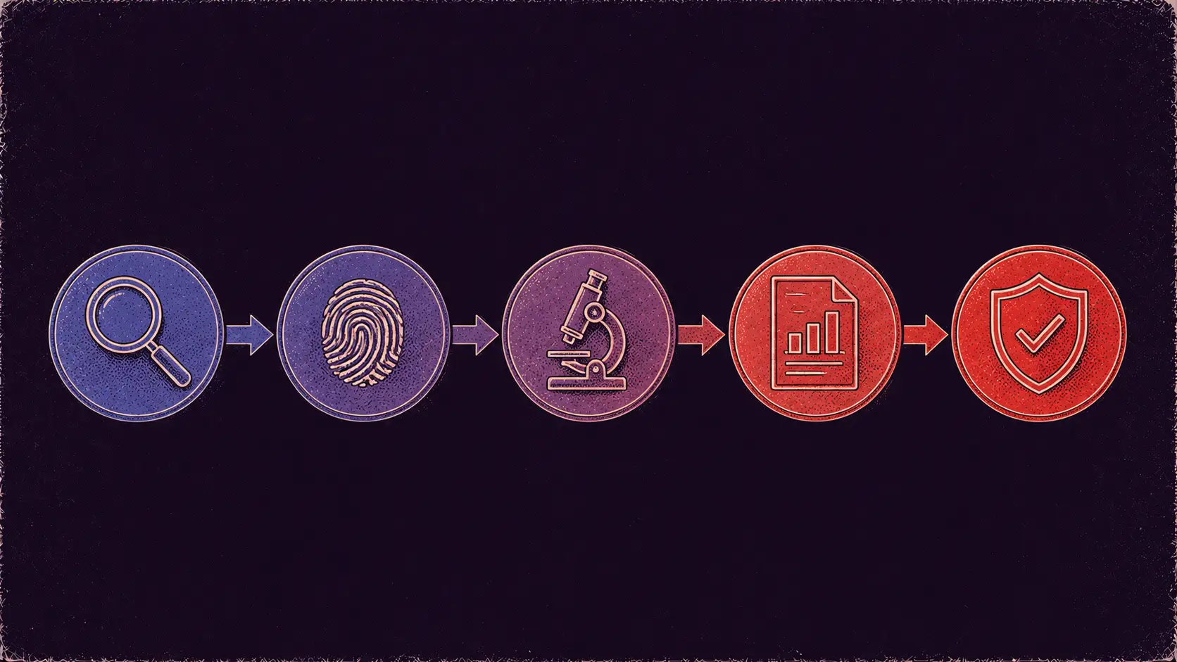 Editorial diagram of the five-step digital forensics process, from identification through reporting.
