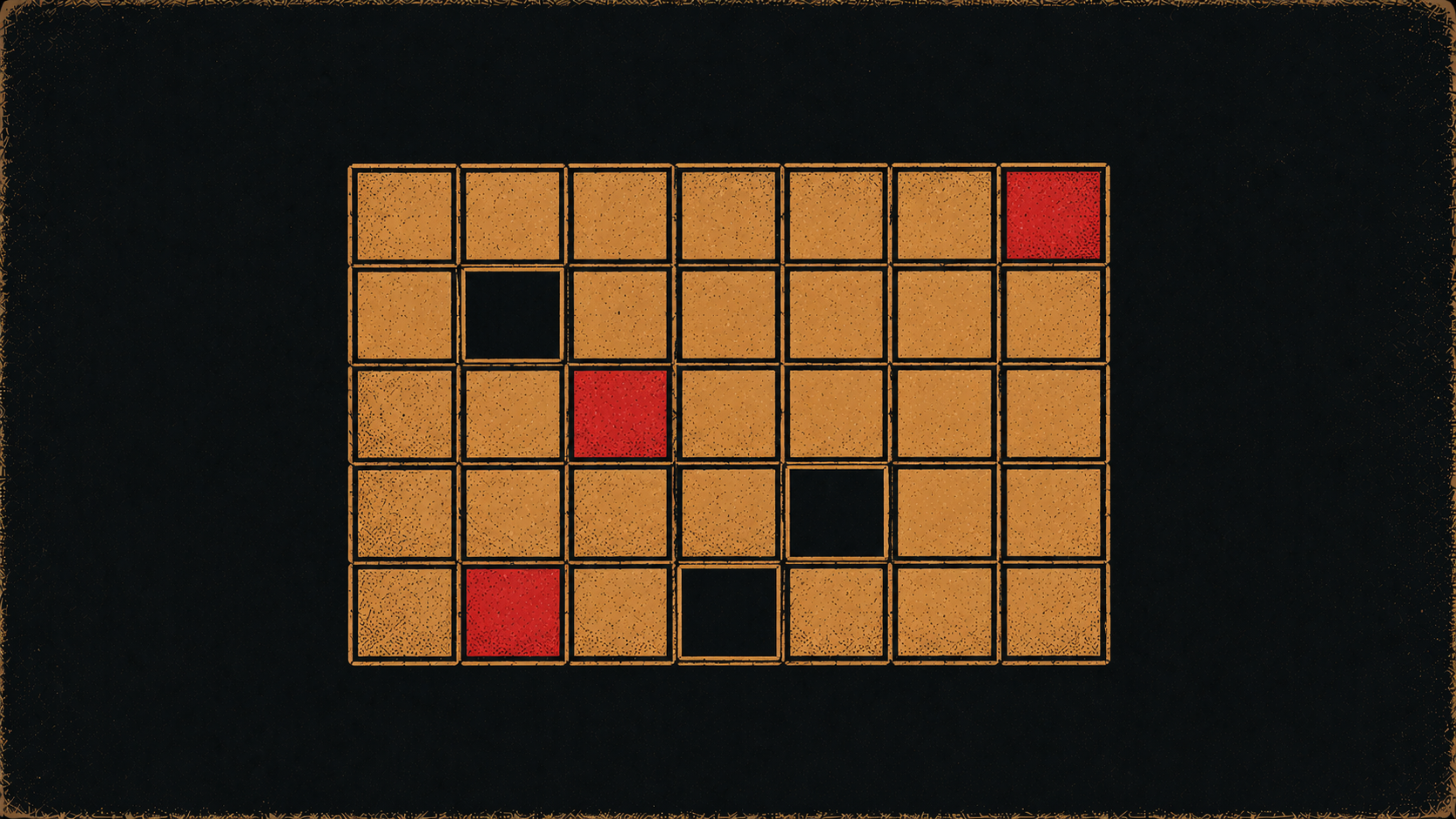 Editorial illustration of a stylized MITRE ATT&CK coverage matrix, with most cells covered in ochre and a few highlighted in coral-red as detection gaps.