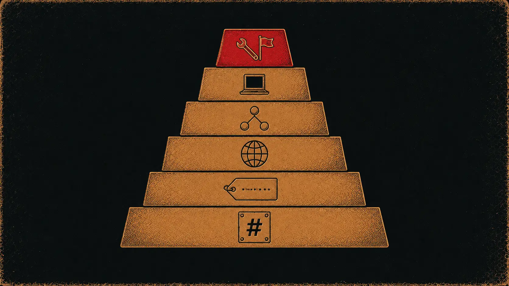Editorial stepped-pyramid diagram of the Pyramid of Pain, ranking indicators by how difficult they are for attackers to change.