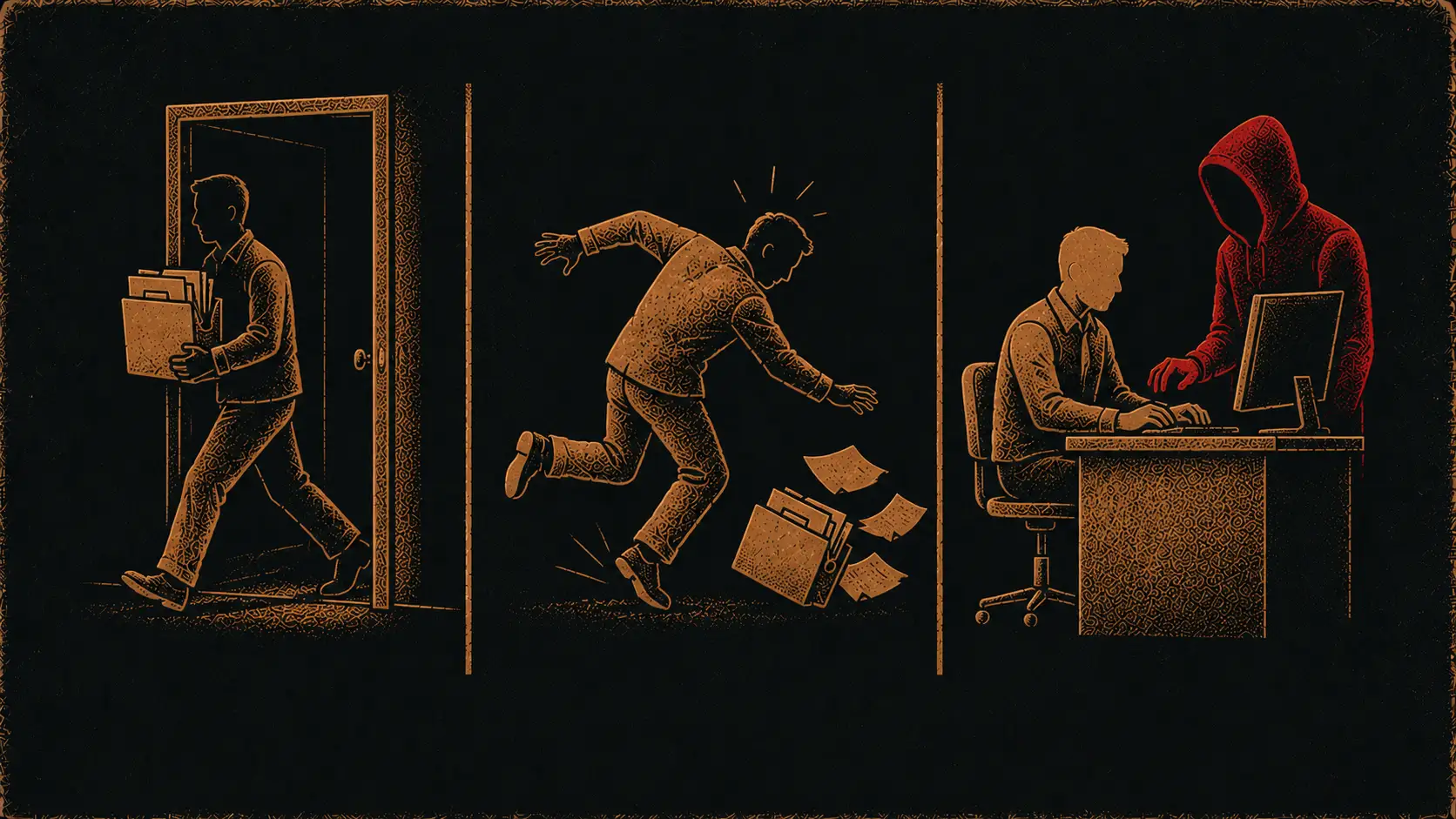Editorial three-panel illustration of the three insider threat subtypes — malicious, negligent, and compromised.