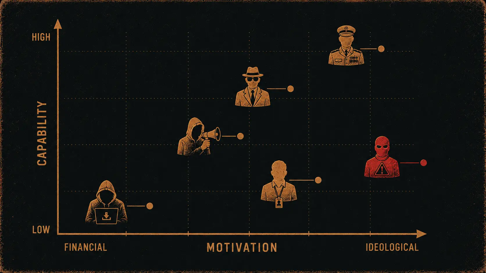 Editorial scatter chart plotting the major threat actor categories along axes of motivation and capability.