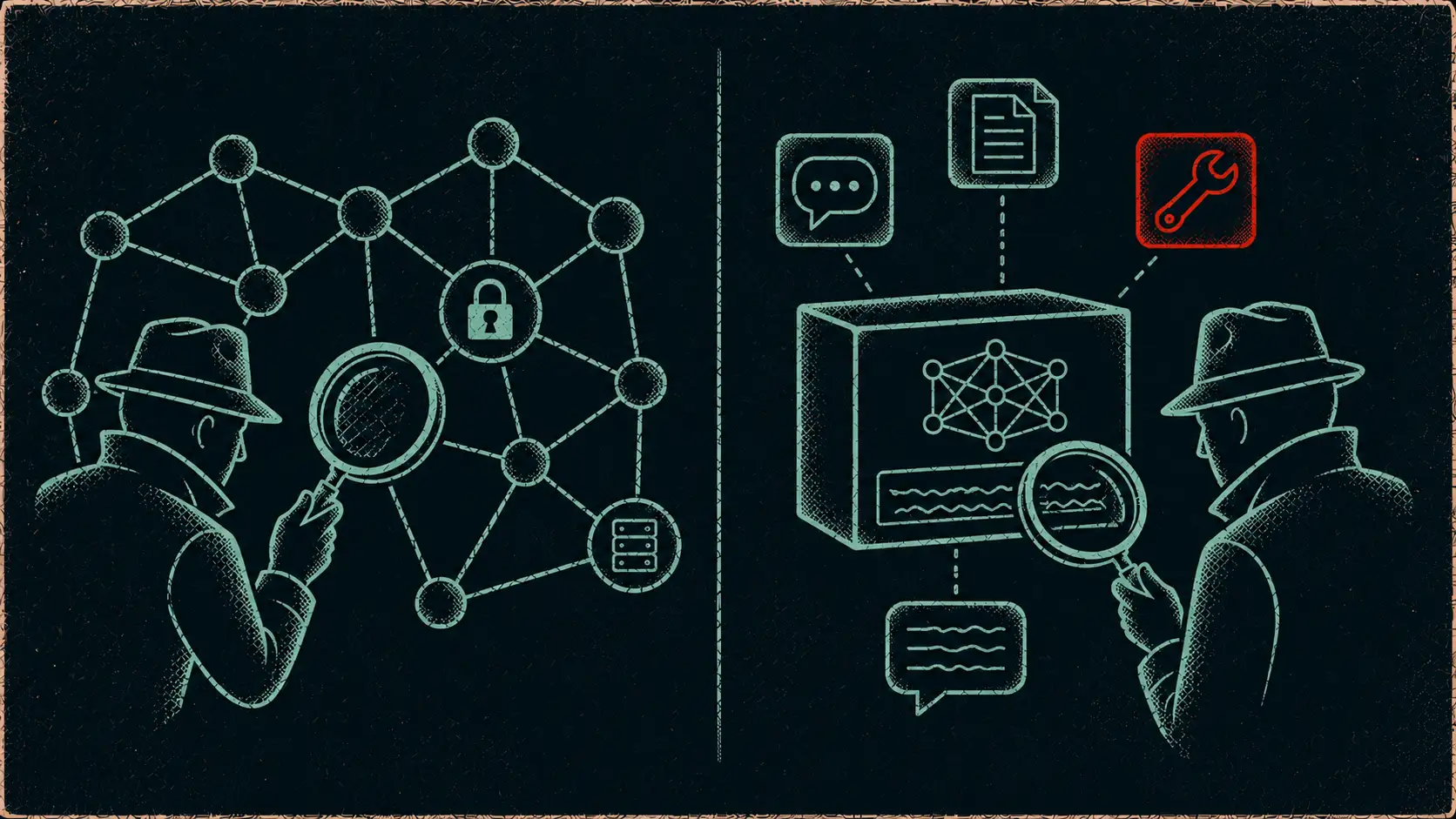 Editorial two-panel comparison contrasting traditional red teaming's network attack surface with AI red teaming's prompt-and-model attack surface.