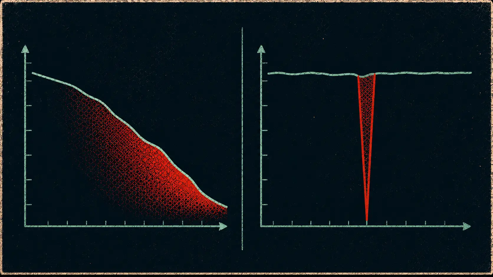 Editorial two-panel comparison of availability and integrity poisoning attacks — broad accuracy degradation versus a single targeted failure.