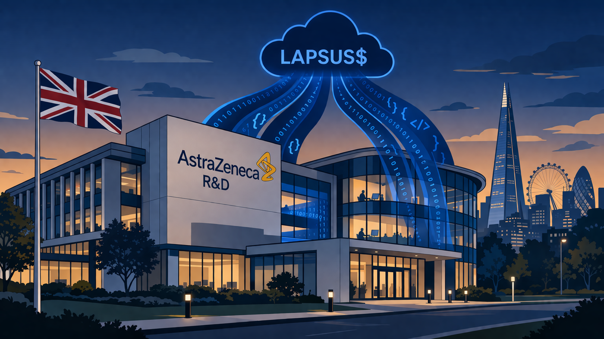 AstraZeneca's R&D building in London at dusk, showing digital code exfiltrating into a Lapsus$ group cloud, symbolizing a major cyber extortion event.