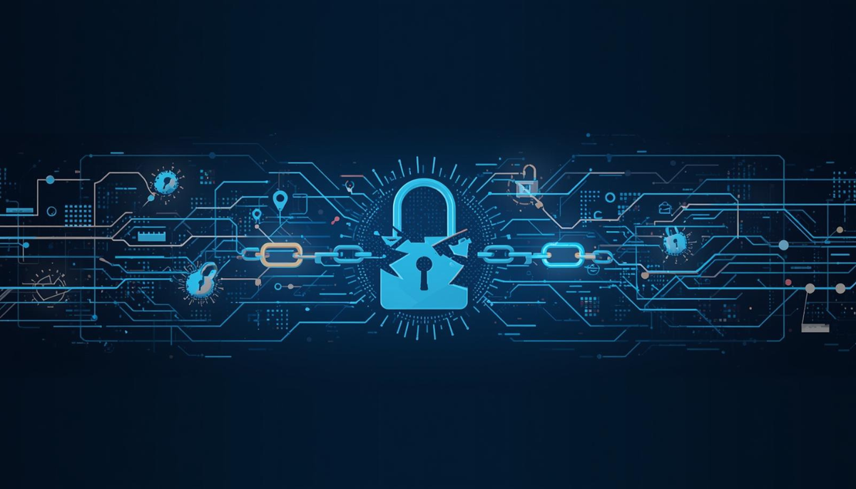 Abstract digital illustration of a broken blue padlock and severed chain links against a dark circuit board background, symbolizing a data breach or cybersecurity failure.