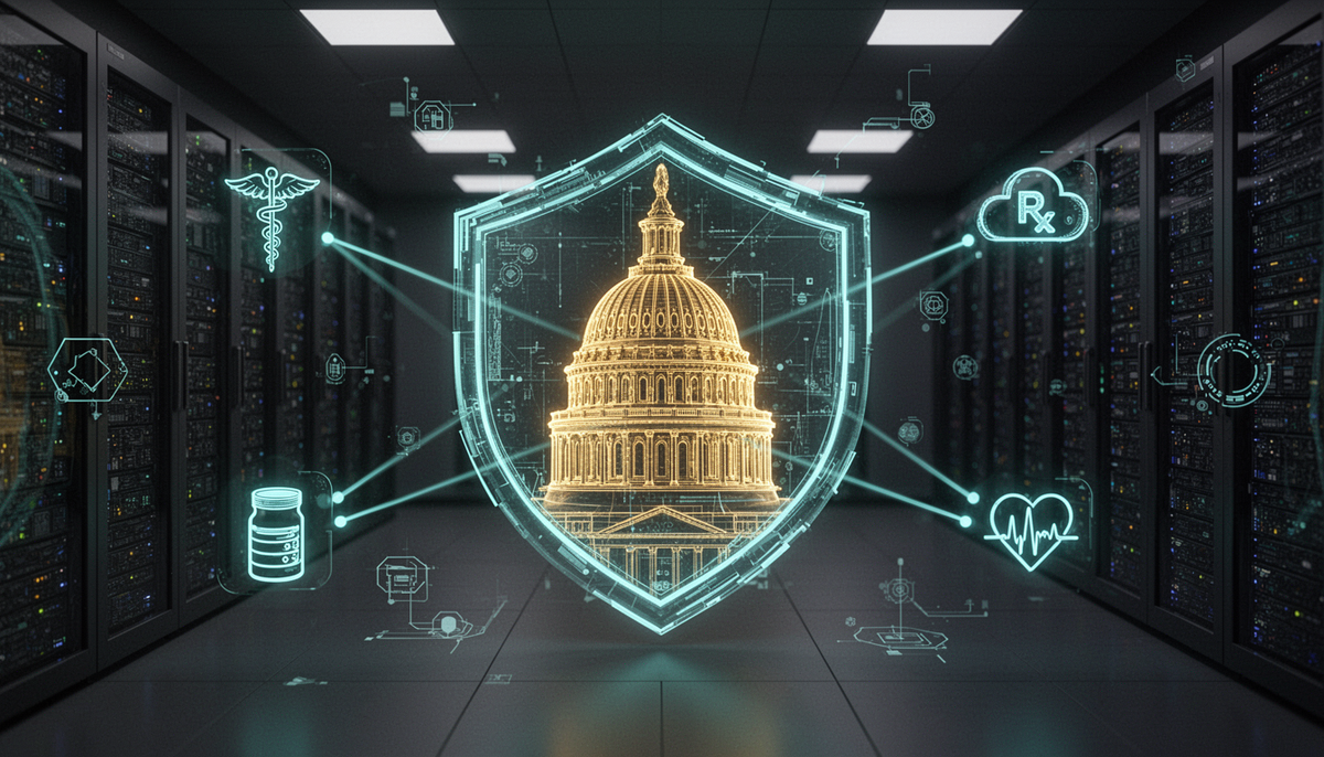  Gemini said A digital shield containing a golden U.S. Capitol dome is connected by light beams to medical icons in a server room, symbolizing healthcare cybersecurity legislation.