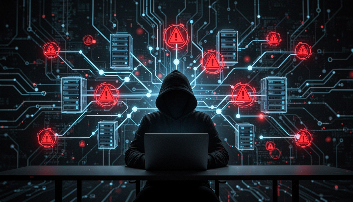 A hooded hacker sits at a laptop before a digital circuit background. Red warning icons and glowing nodes connect to server towers, visualizing a cyberattack on network infrastructure.