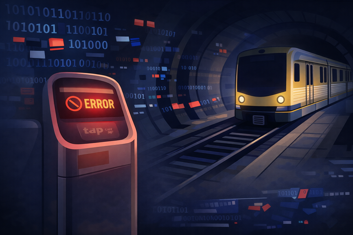 An LA Metro train in a tunnel next to a glowing red TAP card reader displaying an error message, symbolizing a transit network security breach.
