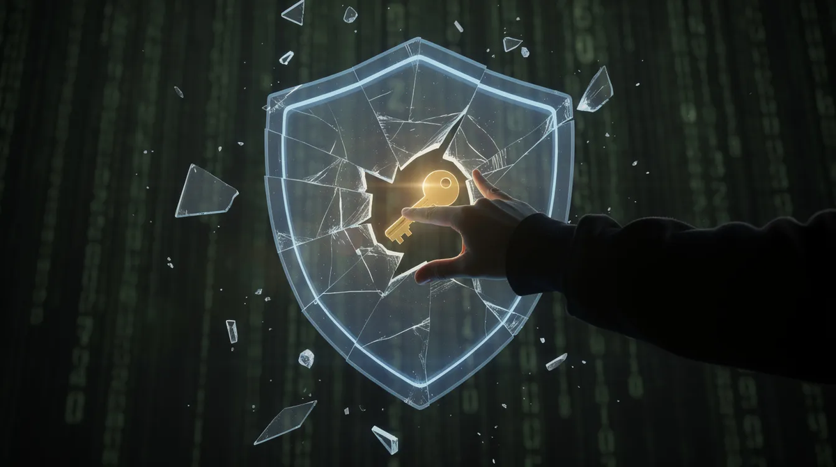A shadowed hand reaches through a shattered glass shield to touch a glowing golden key icon, representing the circumvention of digital security barriers.