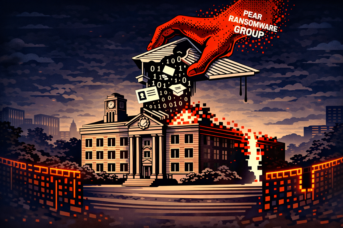 A university building where a giant red hand labeled Pear Ransomware Group is lifting the roof, exposing binary code and digital ID icons flowing out.