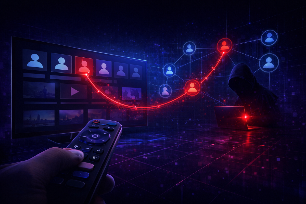 A glowing blue law enforcement-style seal on a monitor with red data streams bursting from the sides, representing a high-profile digital breach affecting Roku users.