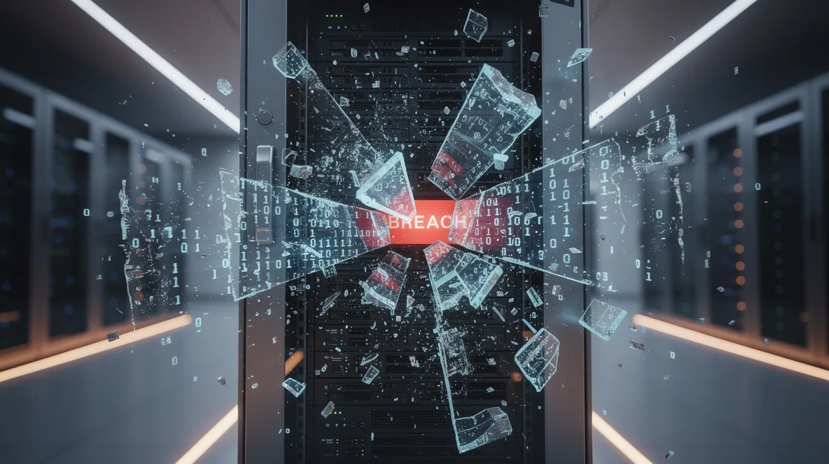 Gemini said A visual depiction of a data breach with glass fragments shattering from a server rack and a red "BREACH" text alert appearing, symbolizing data exposure and cyberattack impact.