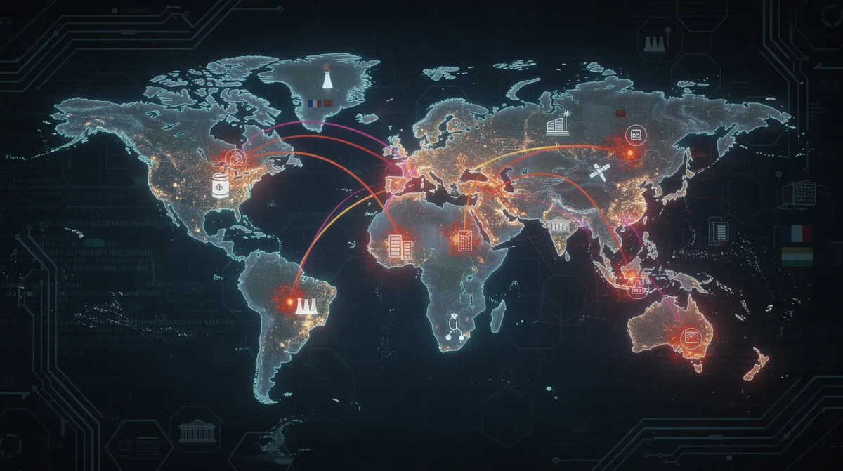 A glowing world map showing red trajectory lines connecting different continents, symbolizing the global reach and impact of nation-state cyber warfare.