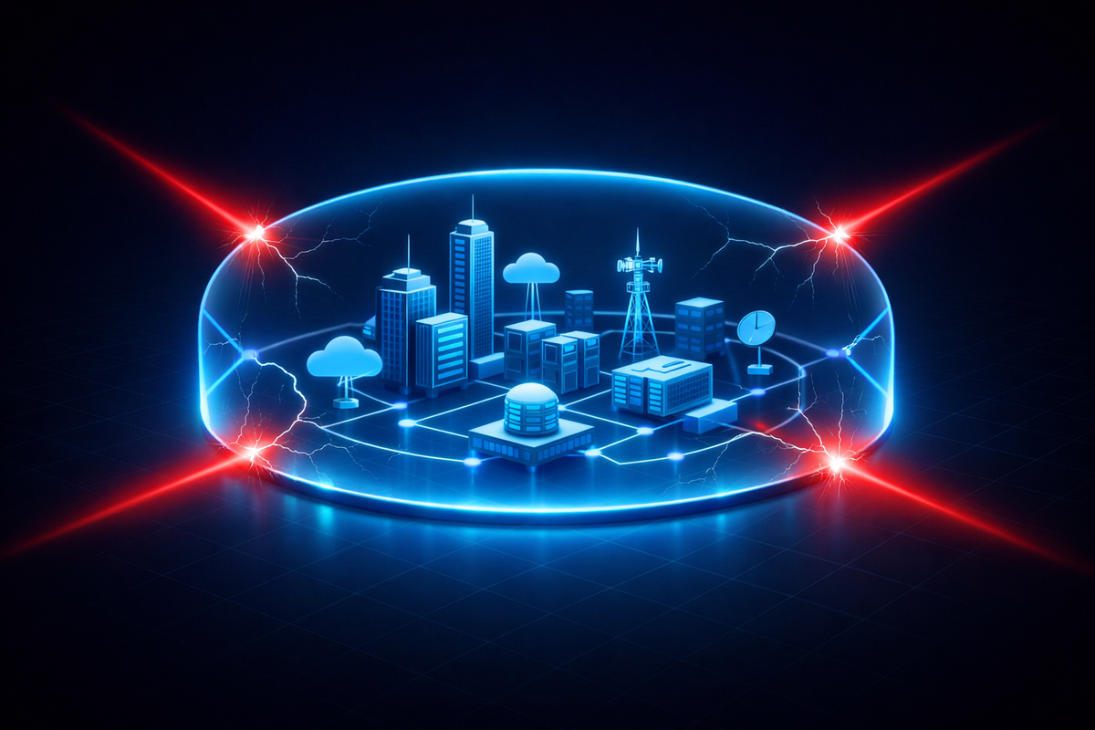 A glowing infrastructure system under pressure as red threat signals push against a protective boundary, representing cyber threats to critical systems.