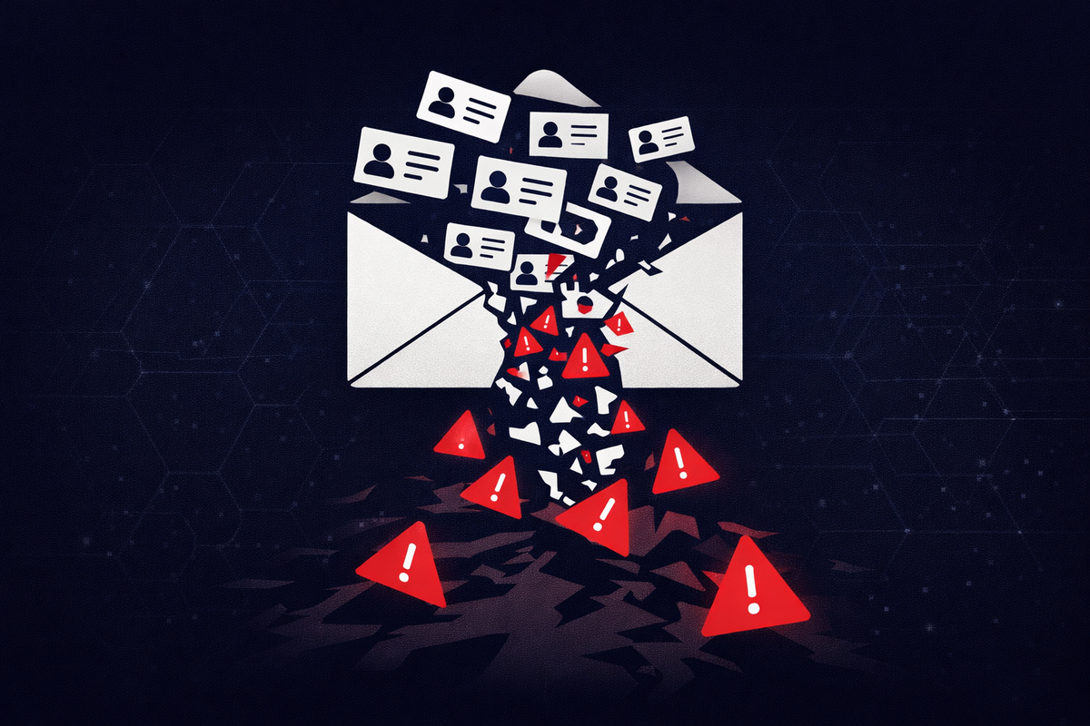 A data breach with a white envelope spilling personal data icons that transform into red alert symbols, representing PII exposure and cybersecurity risk.