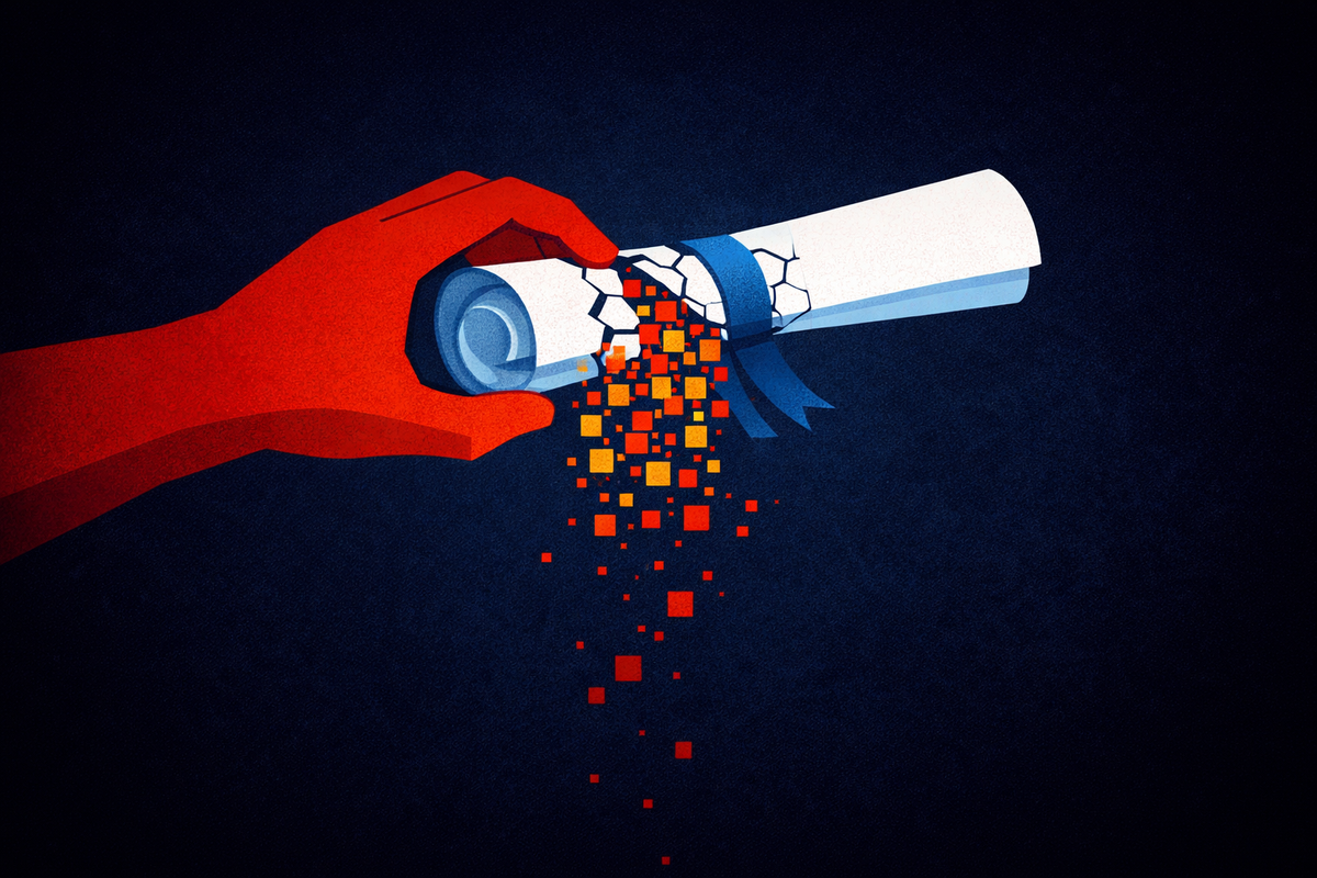 A diploma scroll breaking into red data blocks as a large red hand pulls it apart, symbolizing data theft or cyberattack on sensitive information.