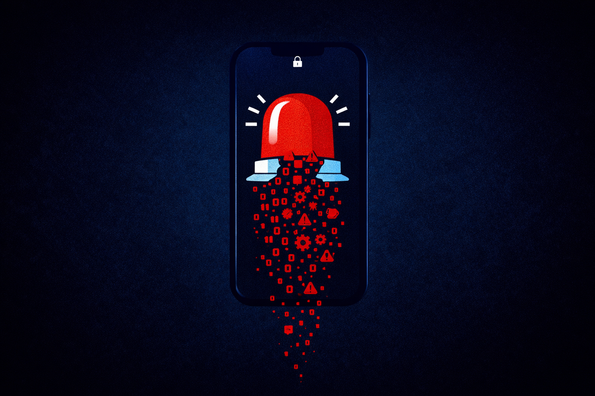A smartphone lock screen with a red alarm bell as data fragments into binary and warning icons, symbolizing a mobile cyberattack or security breach.
