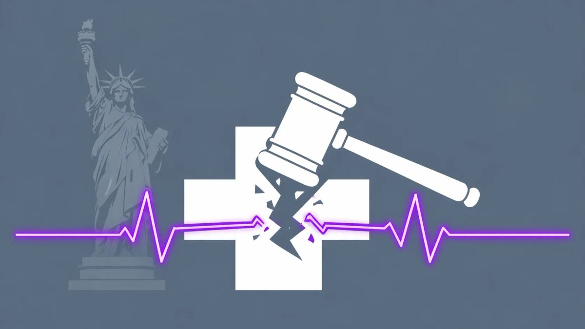 A gavel striking a hospital cross on a slate grey background. A purple heartbeat line is smashed by the impact, with a Statue of Liberty silhouette.
