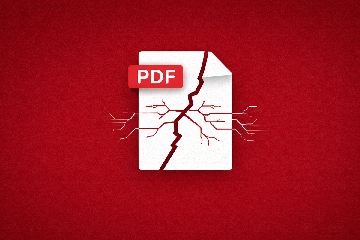 Minimalist vector art of a cracked white PDF icon on a solid dark red background, symbolizing a critical memory corruption vulnerability.