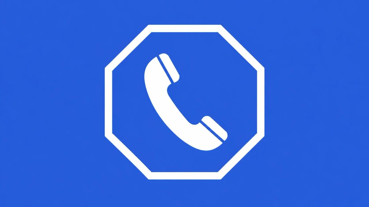 Minimalist white line art of an ADT octagonal shield logo with a telephone handset icon inside it, overlaid on a solid Royal Blue background.