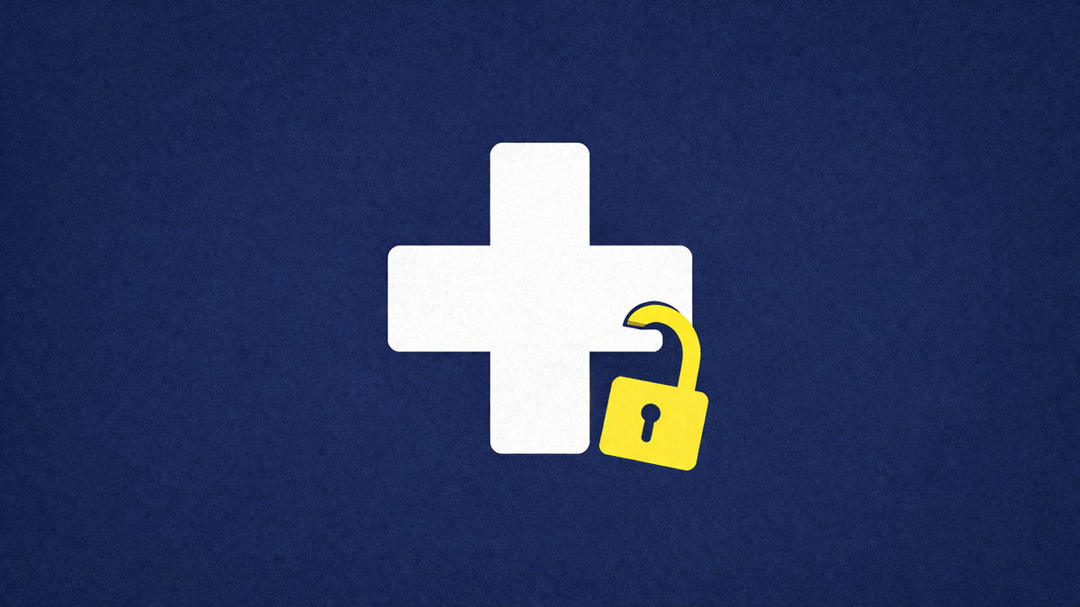 Flat vector art on a textured navy background. A white medical cross icon is center-stage with an electric yellow padlock shown half-open, symbolizing a healthcare security breach.
