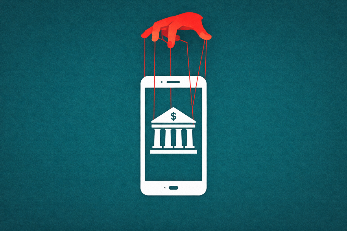 Minimalist vector art of a smartphone controlled by puppet strings, representing the link between human trafficking and banking fraud.