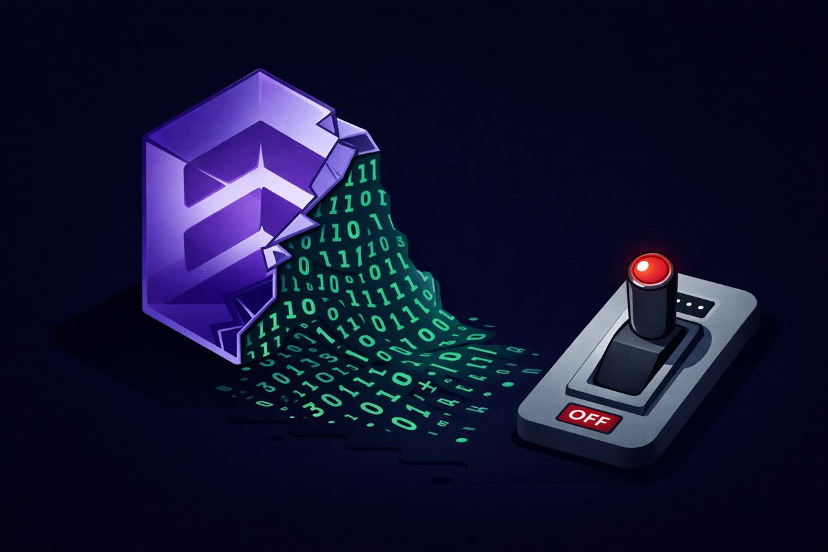 A shattered glass box with the Claude logo leaking green lines of source code next to a manual toggle switch, symbolizing the Anthropic deployment error.