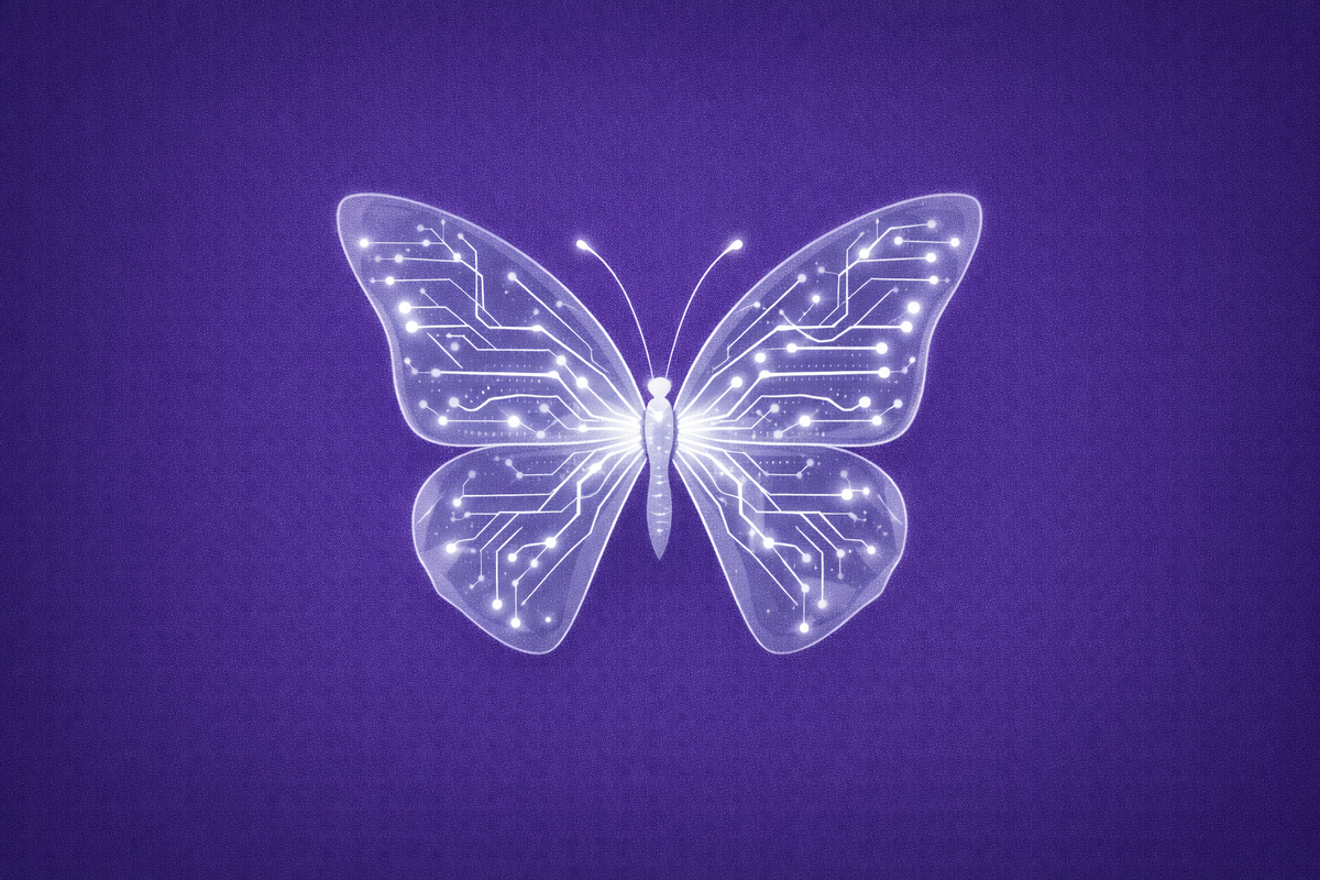 Editorial illustration of a translucent butterfly with circuit-patterned wings on a purple background, symbolizing Anthropic’s Mythos model and Project Glasswing.