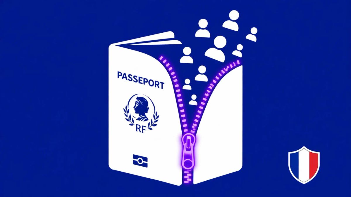 Minimalist vector art of a French passport being unzipped on a royal blue background.