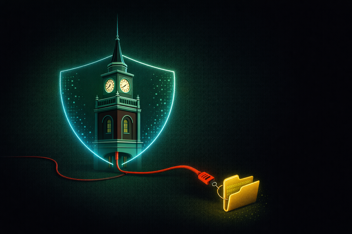 A town hall tower with a digital shield being bypassed by a red cable and a hook stealing a data folder, symbolizing the Apex, NC municipal ransomware breach.