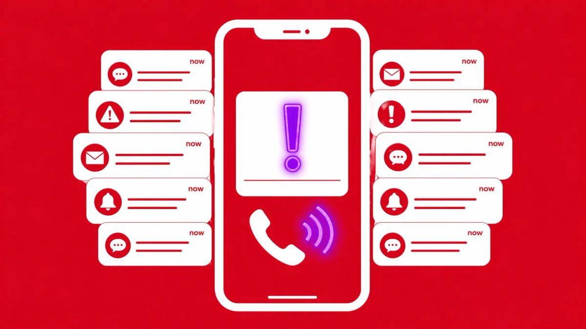 Minimalist vector art of an iPhone receiving a purple neon alert on a bright crimson background, symbolizing MFA fatigue.