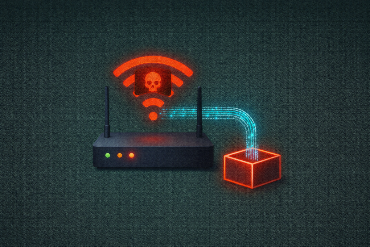 A Wi-Fi router with a red warning icon diverting a data stream, representing the APT28 DNS hijacking campaign and the compromise of home networking hardware.