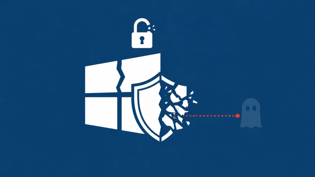 Cracked Windows logo overlapping a split security shield with a broken padlock, representing an incomplete Microsoft patch that left a zero-click credential theft vulnerability open.