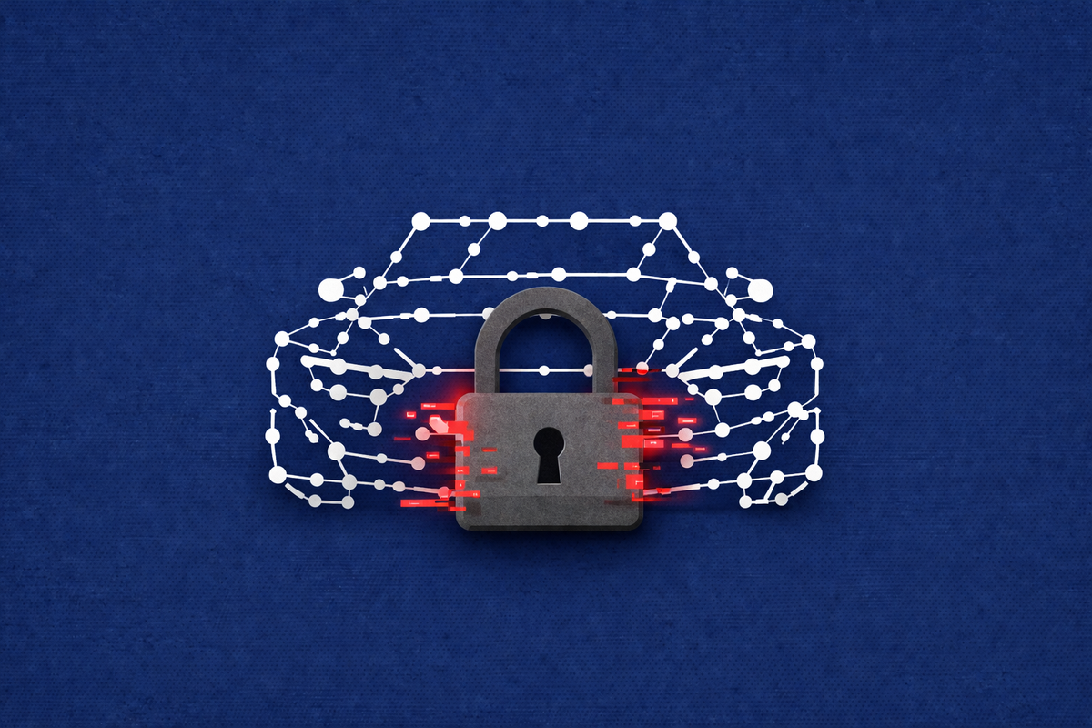 Minimalist vector art of a car silhouette locked with a padlock on a crimson background, representing the Autovista ransomware attack.